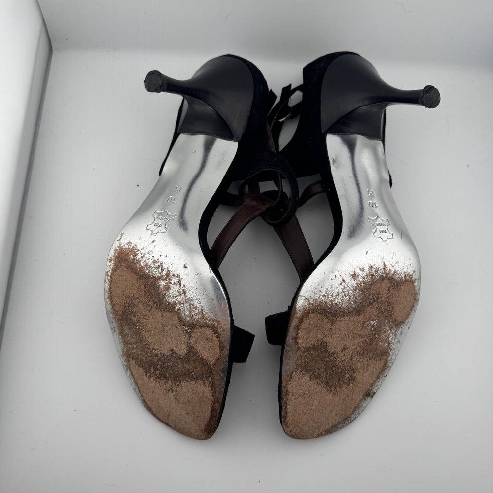Donald J Pliner Nessa Sandals Women 10 Black Suede T-Strap Silver Toe Italy Heel - Picture 7 of 8